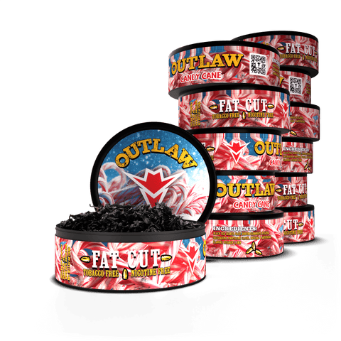 Outlaw Fat Cut candy cane-flavored product packaging on a white background