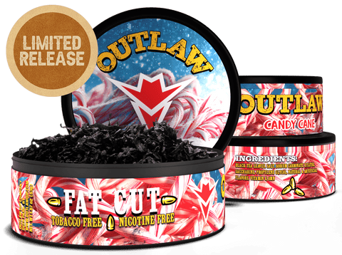 Outlaw Fat Cut candy-flavored tobacco product with colorful packaging on a white background.