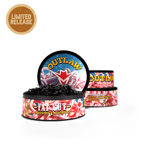 Outlaw Fat Cut candy-flavored tobacco product with colorful packaging on a white background.