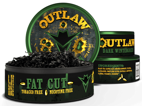 3 pack of Outlaw dark wintergreen tobacco free and Nicotine free Fat cut dip in dark green packaging with the front can showing the loose leaf chew inside.