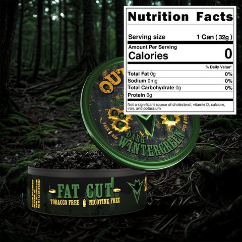 Green container labeled Outlaw 'Dark Wintergreen' Fat Cut with nutrition facts overlay in a dark forest setting.
