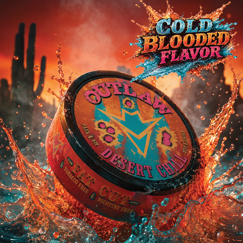 Outlaw Desert Chill tobacco product with fiery background and 'Cold Blooded Flavor' text.
