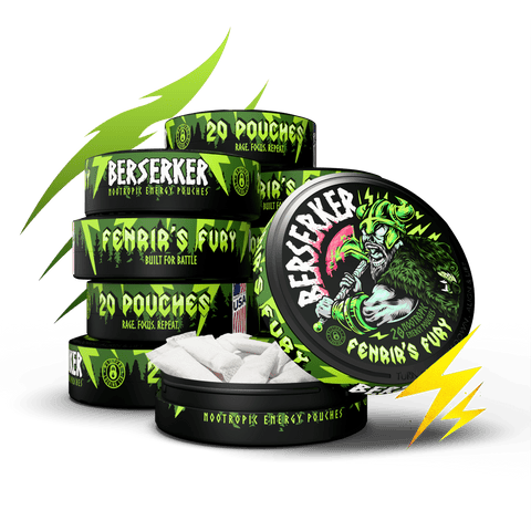 Berserker and Fenrir's Fury energy pouches with green and black design on a transparent background