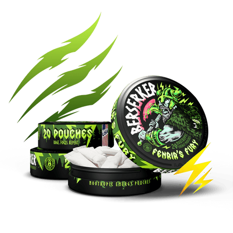 Berserker energy pouches packaging with green and black design on a white background
