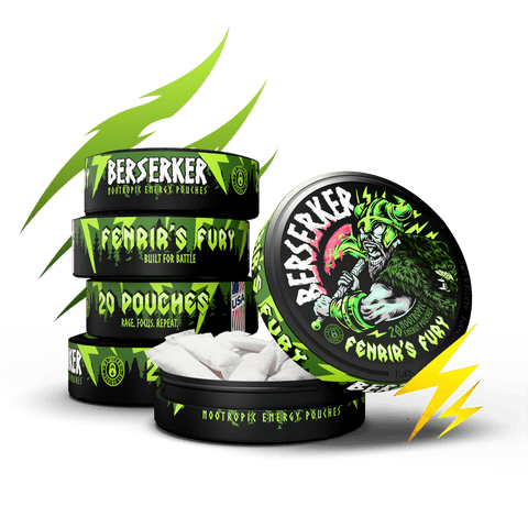 Berserker energy pouches packaging with green and black design on a transparent background
