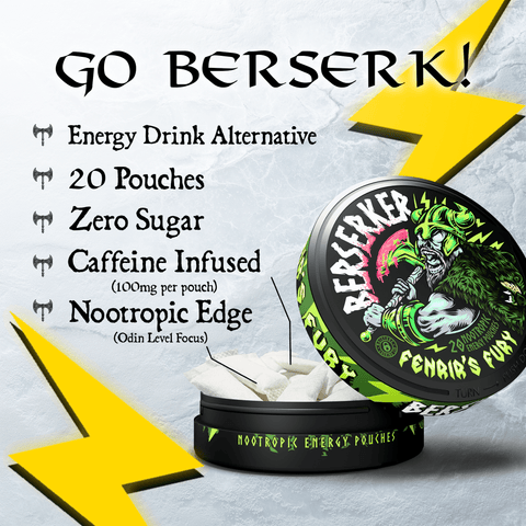 Berserker energy drink pouches with product details on a white background