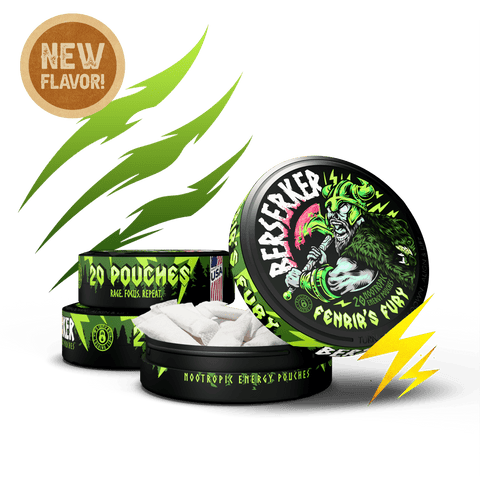 Berserker new flavor fenirs fury pouches with green and black design on a white background