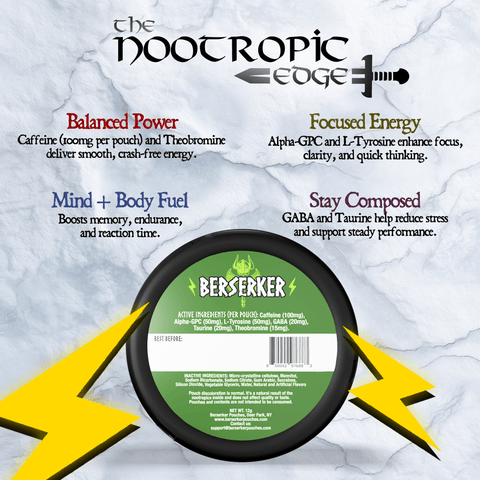 Berserker nootropic product packaging with text on a white background
