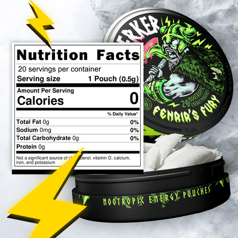Nootropic energy pouch with nutrition facts label on a gray background