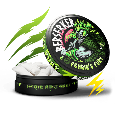 Berserker Fenrir's Fury nootropic energy pouches packaging with green leaves and lightning bolts on a white background.