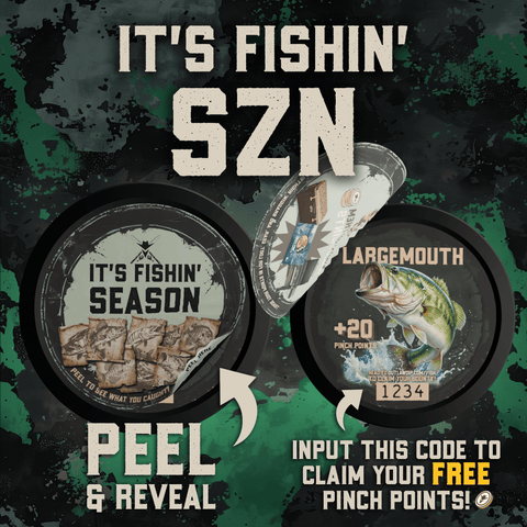 Fishing-themed product packaging with promotional text on a green and black background