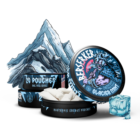 Berserker Glacier Mint caffeine pouches 3 pack packaging with ice cubes on a white background