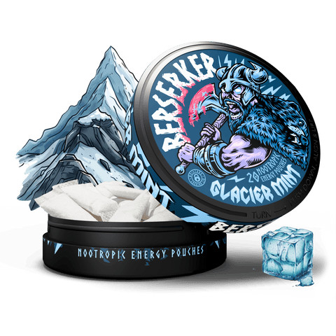 A product image featuring Berserker Glacier Mint caffeine pouches with a mountain and a legendary creature on the lid, along with an ice cube and the pouches displayed in front.