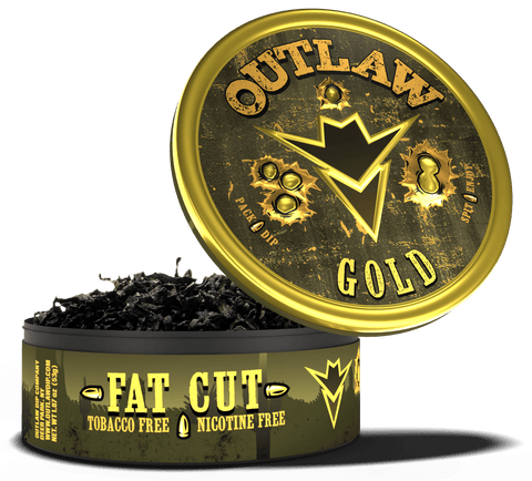 A tin of Outlaw Gold Fat Cut tobacco free dip, with the lid open displaying the long cut product inside. The tin has a black and gold color scheme with the brand logo and text.