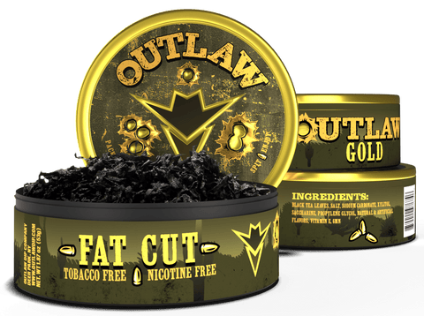 3 pack of Outlaw Gold tobacco free and Nicotine free fat cut dip in gold packaging with the front can showing the loose leaf product inside.