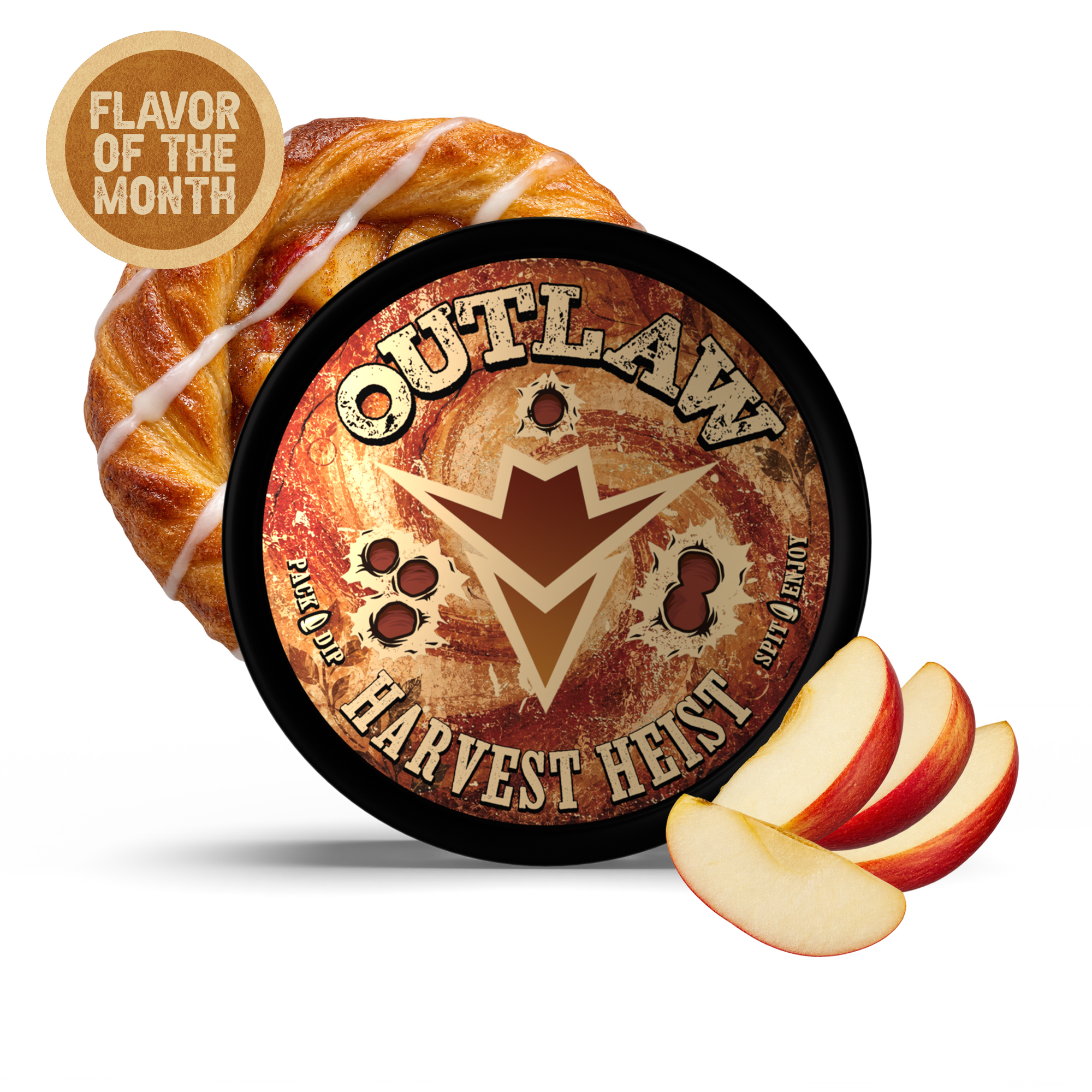 A round flavor label for Outlaw Harvest Heist apple pie, styled with a pastry in the background and apple slices in the foreground on a white background.