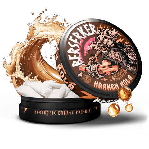 A product image featuring a canister labeled 'Berserker Kraken Kola' with a graphic of a sea monster, surrounded by splash effects suggesting a cola beverage. The canister lid is open, showing caffeine pouches inside.