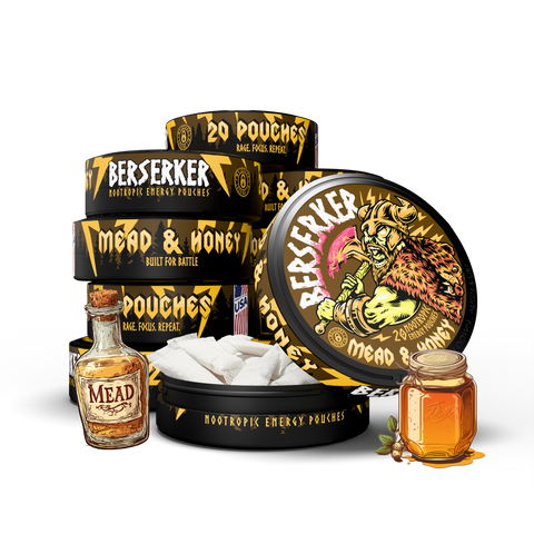 Berserker Mead & Honey flavor caffeine pouches 10 pack product packaging with honey and jar on a white background