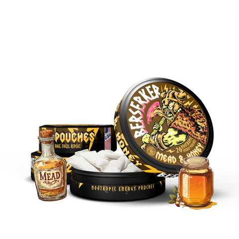 Berserker Mead & Honey flavor caffeine pouches 3 pack product packaging with honey and jar on a white background