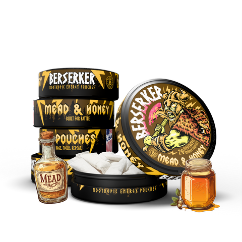 Product image for Berserker Mead & Honey Caffeine Pouches 5 Pack featuring a stack of cans with the brand and product name, a bottle of mead and a jar of honey.