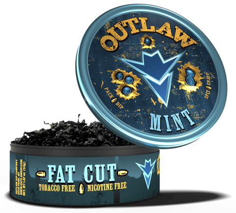 A product image featuring a can of Outlaw Mint Fat Cut, which is tobacco-free and nicotine-free. The can is labeled with the brand and flavor name, and displays a blue color scheme and gold text.