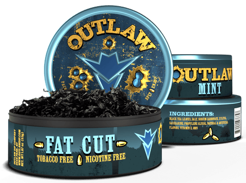 3 pack of Outlaw Fat Cut Mint flavor tobacco-free dip product with the front can being open showing the nicotine-free loose leaf cut
