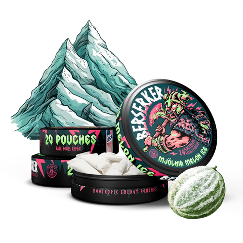 Berserker caffeine pouches Mjölnir Melon Ice flavor 3 pack packaging with a green melon on a white background with an ice mountain.