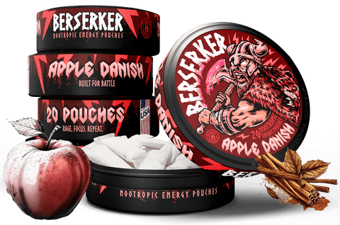 Berserker nootropic energy pouches with apple danish flavor packaging on a white background