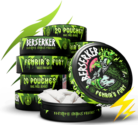 Berserker Fenrir's Fury nootropic energy pouches packaging on a white background