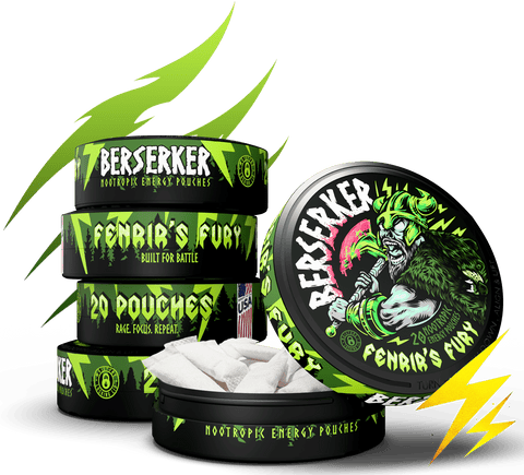 Berserker nootropic energy pouches packaging with green and black design.