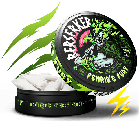 Berserker Fenrir's Fury nootropic energy pouches packaging with green leaves and lightning bolts on a white background.