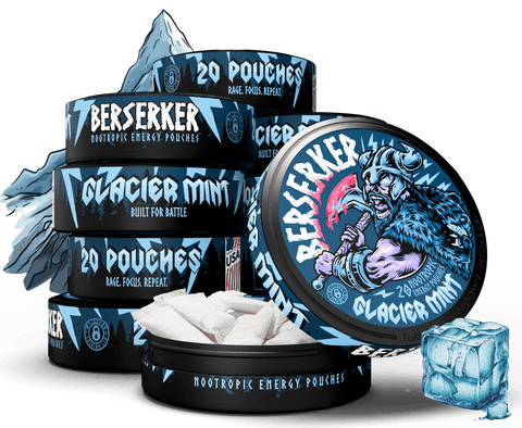 Berserker nootropic energy pouches with Glacier Mint flavor on a white background
