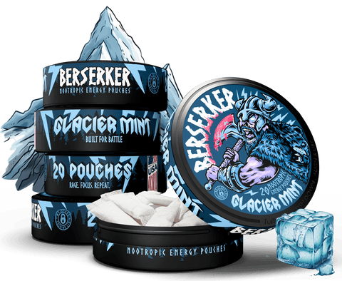 Berserker nootropic energy pouches with Glacier Mint flavor on a white background