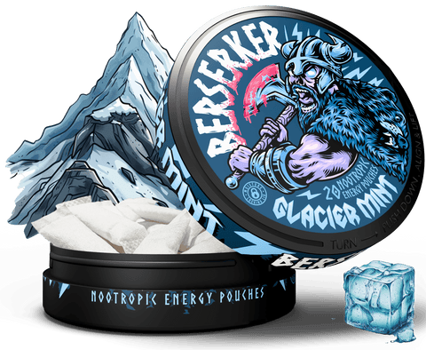 A product image featuring Berserker Glacier Mint caffeine pouches with a mountain and a legendary creature on the lid, along with an ice cube and the pouches displayed in front.