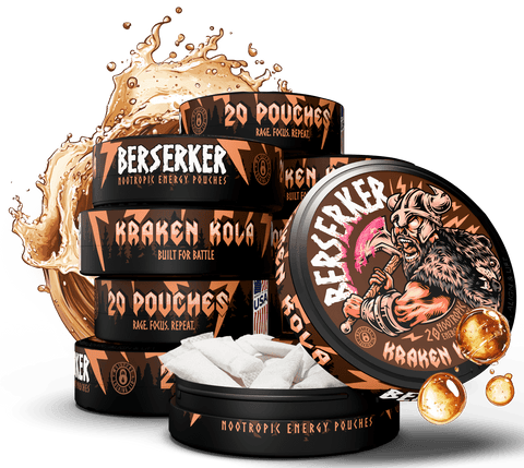 Berserker Kraken Kola nootropic energy pouches packaging with a white background
