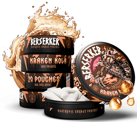 Berserker Kraken Kola energy pouches with branding and product details on a white background