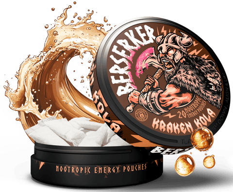 A product image featuring a canister labeled 'Berserker Kraken Kola' with a graphic of a sea monster, surrounded by splash effects suggesting a cola beverage. The canister lid is open, showing caffeine pouches inside.