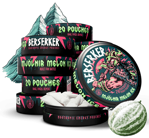 Berserker Mjolnir Melon Ice energy pouches with packaging and a watermelon on a white background