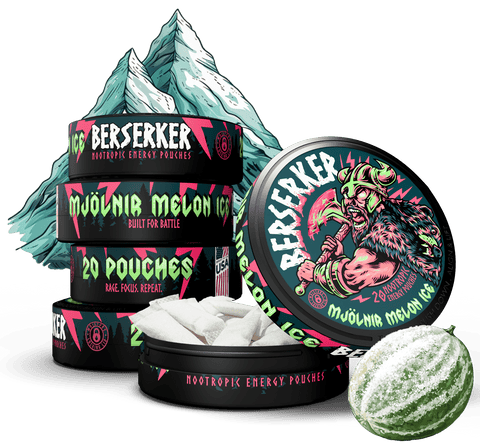 Berserker Mjolnir Melon ice energy pouches with a mountain and watermelon in the background
