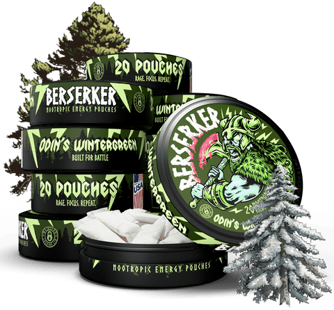 Berserker nootropic energy pouches packaging with green and black design.