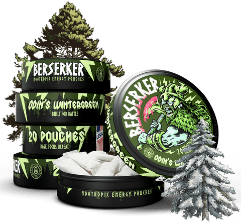 Berserker nootropic energy pouches packaging with Christmas trees on a white background