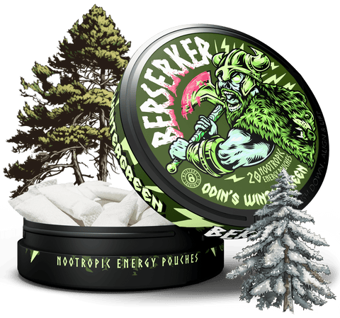 A product image featuring a can of Berserker Odin's Wintergreen Caffeine Pouches with a graphic of a green Berserker and trees in the background. The can is labeled with the product name and a description.