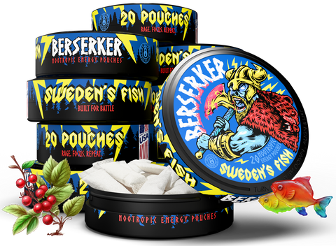 Berserker nootropic energy pouches packaging with colorful design and text.