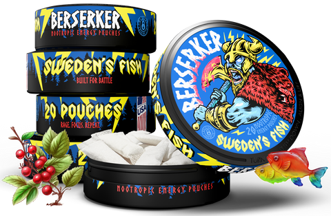 Berserker nootropic energy pouches packaging with colorful design and text.