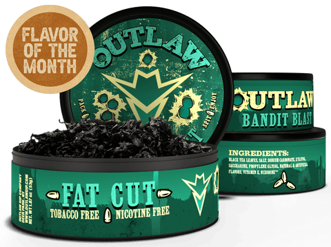 Green container of 'Outlaw' product with 'Flavor of the Month' label on a white background