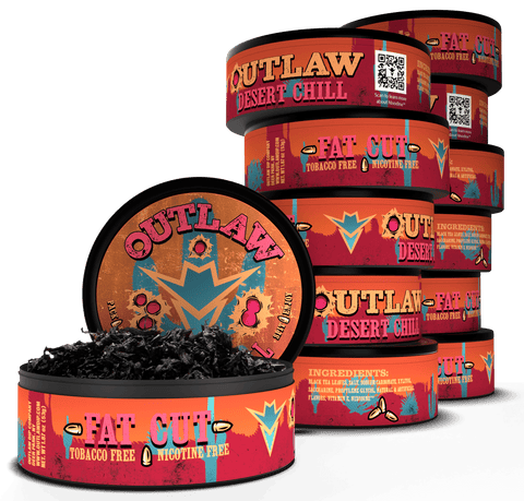 Stack of Outlaw Desert Chill tobacco-free products on a white background