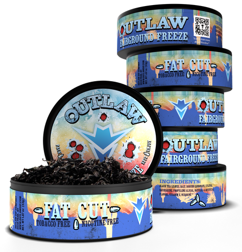 Five cans of Outlaw Fairground Freeze tobacco-free nicotine-free fat cut rolling shatter are shown on a white background, with one can open to reveal dark rolling shatter inside and another can displaying the lid with the product branding.