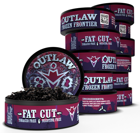 A stack of 12 Outlaw Frozen Frontier 'Fat Cut' tobacco-free and nicotine-free, with one open tin in the foreground showing the fat-cut inside.