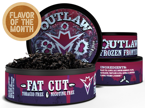 Three round metal canisters of Outlaw Frozen Frontier Fat Cut tobacco-free nicotine-free flavor, with one open canister showing dark dried leaves and a gold 'Flavor of the Month' badge overlay.