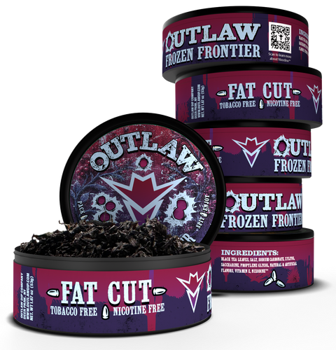 A stack of 6 Outlaw Frozen Frontier 'Fat Cut' tobacco-free and nicotine-free, with one open tin in the foreground showing the fat-cut inside.